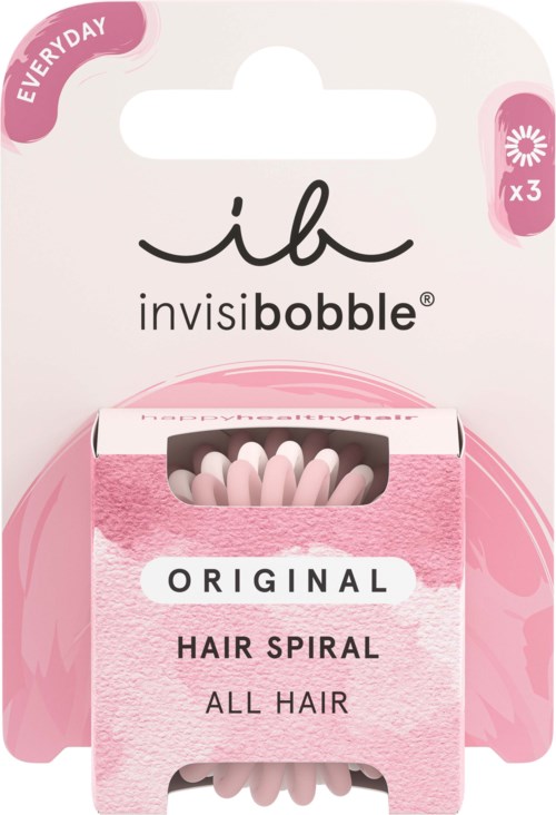 A package of Invisibobbles hair spirals, labeled for all hair types, with pink and white colors, and large text.