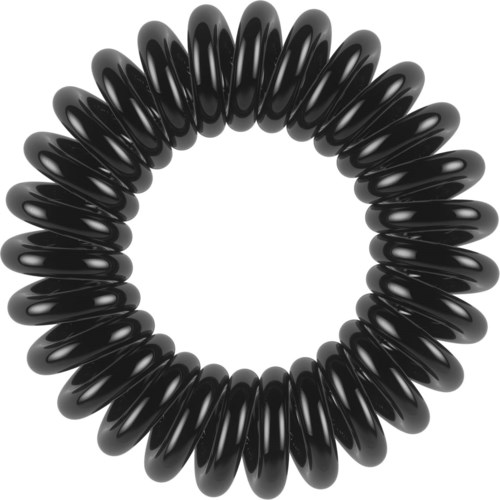 Ett svart elastiskt band eller hårsnodd i en cirkulär form med glänsande yta.
