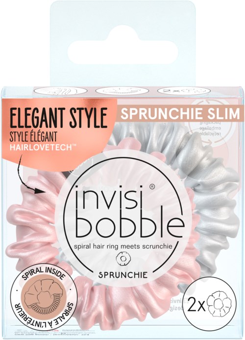 A logo with pink and silver hair rings and words 'Invisi Bobble' and 'Sprunchie Slim' on a package.