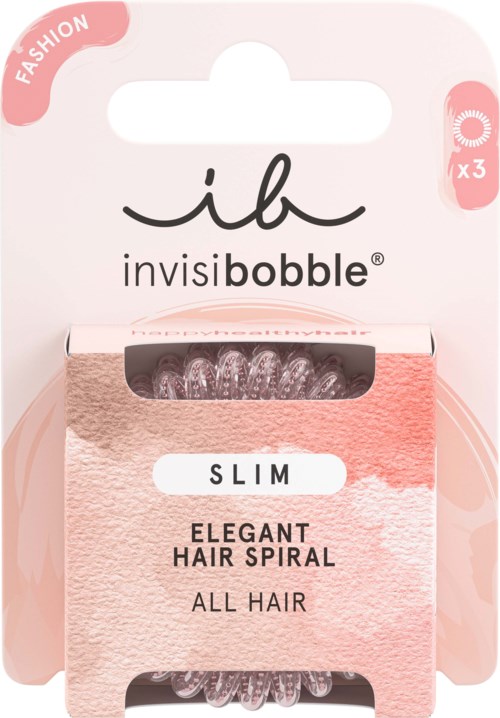 Förpackning av osynlig hårspiral för alla hårtyper, märkt slimmad och elegant, i rosa och vitt.