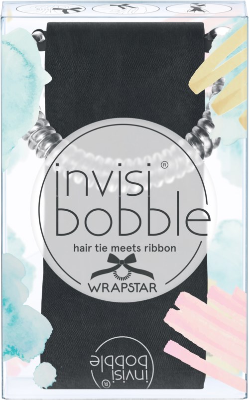 Lådan visar hårband med snören som heter Invisibobble, i pastellfärger, i en modern design.