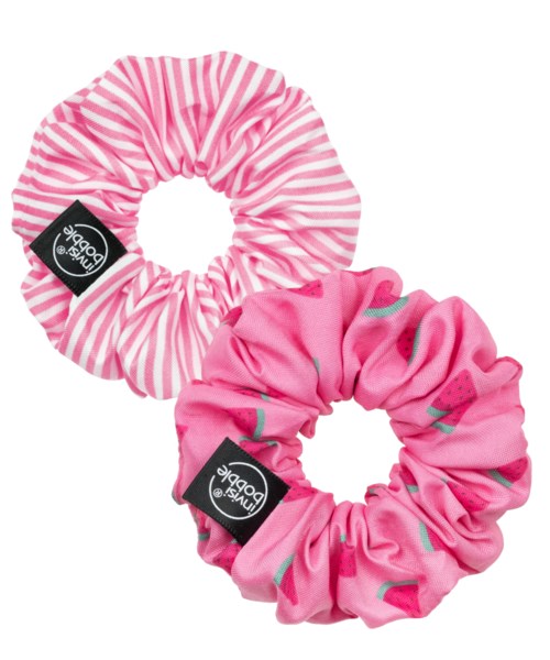 Två rosa randiga och rosa med grå vattenmelonsmönster hårsnoddar staplade på varandra.