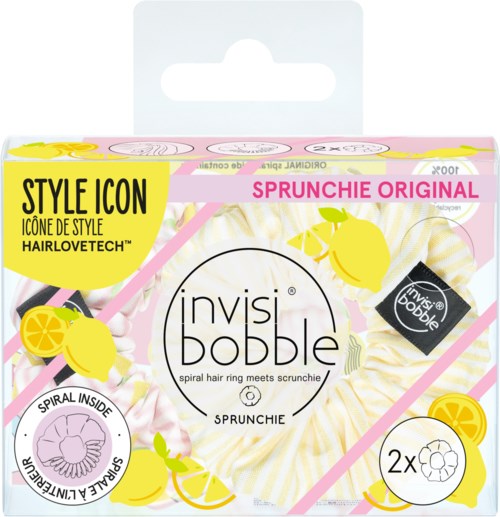 A hair scrunchie with lemon design, yellow and pink colors, and product branding on the packaging.