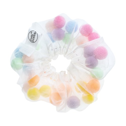 Färgglada pom-poms i ett klart elastiskt hårband. Rolig och lekfull accessoar för håret. Märket Bubble finns på.