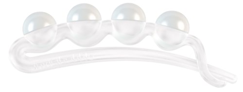 Ett genomskinligt plastverktyg för hår med fyra stora vita pärlor för styling eller hårborttagning.