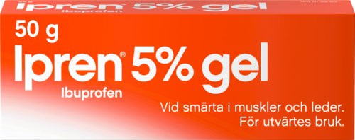 Box med Ipren gel för muskel- och ledvärk, innehåller 50g, med 5% ibuprofen. Används för extern smärtlindring.