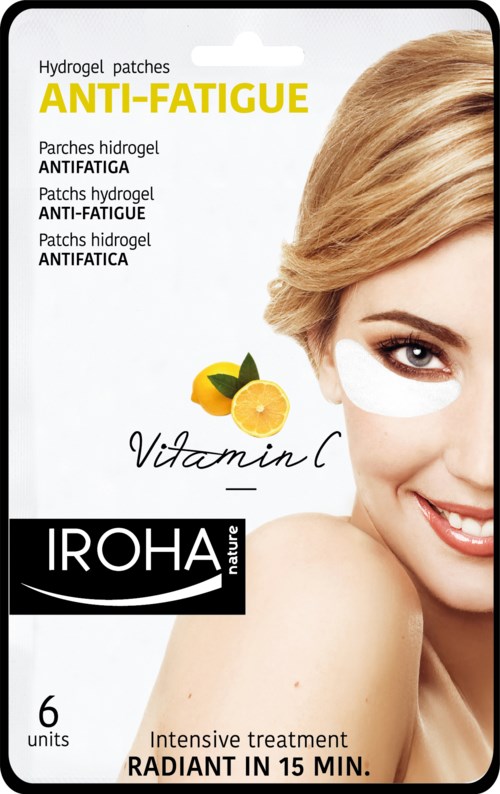 Annonse for hudpleiebehandling med anti-utmattings hydrogelplaster og vitamin C, som lover raske, strålende resultater på 15 minutter.