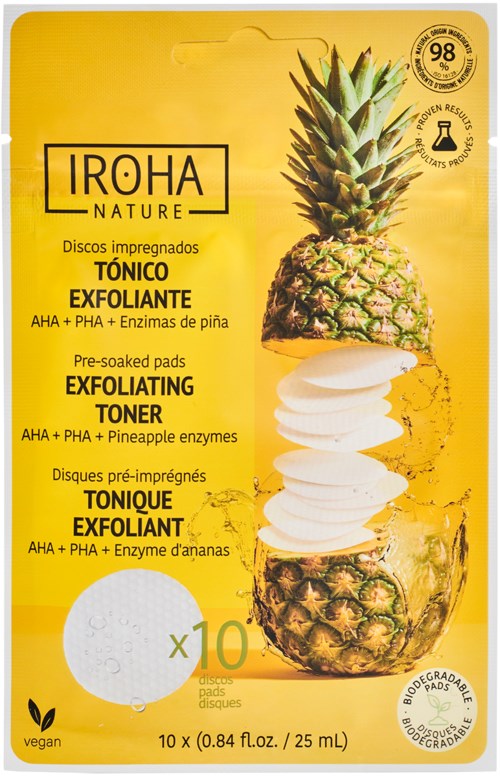 Keltainen pakkaus, jossa on ananaspaloja, ananas ja teksti kuorintaa sisältävästä kasvovedestä entsyymeillä ja hapoilla.