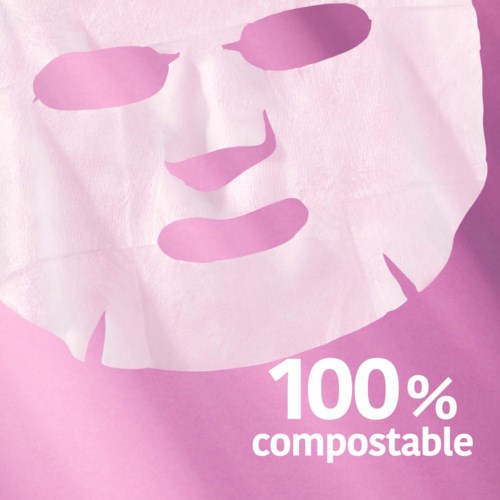 Kasvonaamio-kuvitus, jossa teksti '100% compostable' valkoisena, vaaleanpunaisella taustalla.