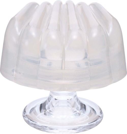 En klar, plastformet beholder med blomsterdesign på en fot. Ser ut som et dekorativt element eller lite utstillingsstykke.