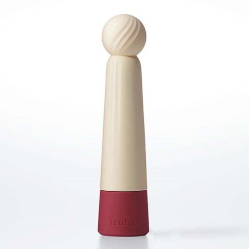 En beige pinne med rund, riflet topp og rød bunn med 'iroha' skrevet på.