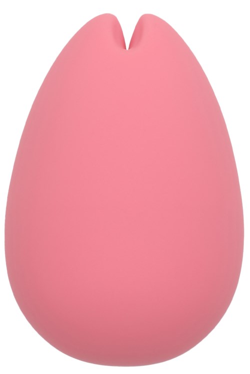 En rosa, rundet gjenstand formet som en blomsterknopp eller egg, med en liten sprekke øverst.