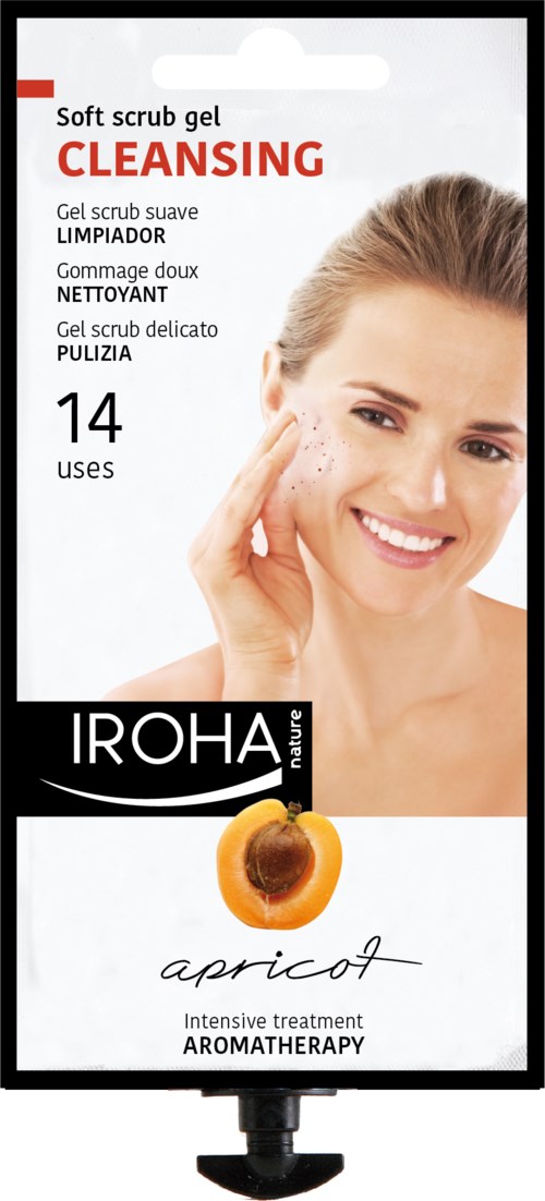 En kvinna ler, rör vid sitt ansikte, håller aprikos, och en produkt märkt 'IROHA aloe' för rengöring av huden.