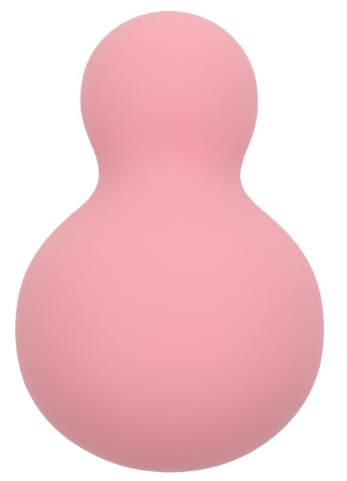 En rosa sminksvamp av gummi med rund topp og større rund base.