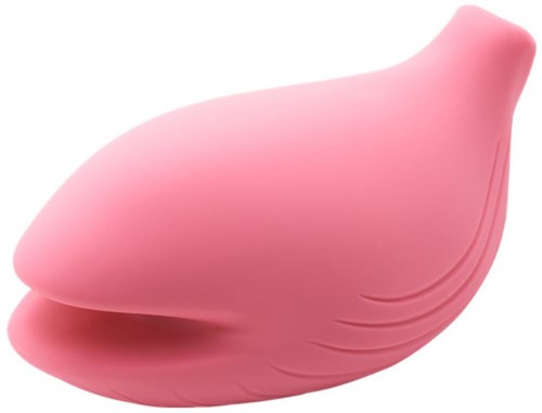 En myk rosa gjenstand som ligner på et fuglehode, med glatte kurver og en rund nebbaktig del.