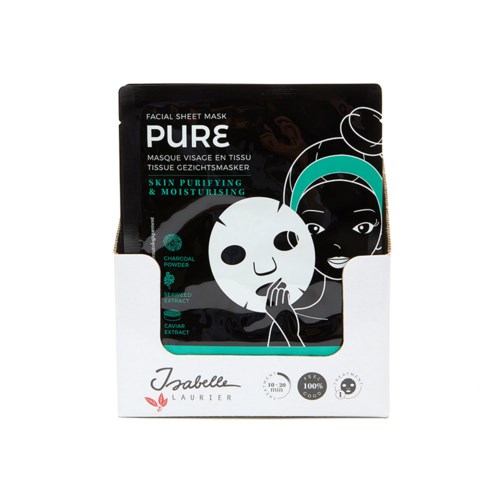 Pakke for ansiktsmaske i svart og hvitt med tegneseriejente som holder en maske, merket "pure" for hudrensing og fuktighet.