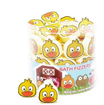 Små gula badbubblor formade som söta ankägg i en låda märkt "Bath Fizzers".