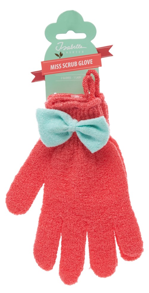 Ett rosa skrubbhandske med en blå rosett, märkt som Miss Scrub Glove av Isabella, hängande på förpackningen.