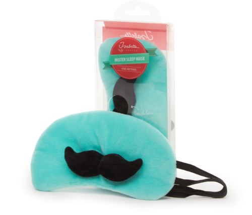 Ett blågrönt ögonmask med svart mustasch-design och band, förpackad i en box märkt 'Mister Sleep Mask.'