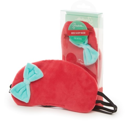 En röd sovmask med blå rosetter, matchande förpackning och en etikett som säger 'Miss Sleep Mask.'