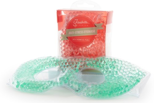 En avkjølende øyemaske med grønne geléballer og en pakke med anti-stress øyemaske med varm gel.