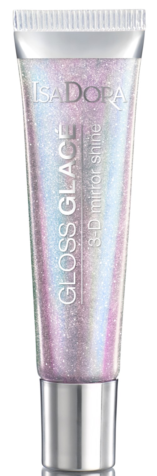 En tub med glittriga, pastellfärgade nyanser och silverlock, märkt 'Isadora Gloss Glace 3D Diminitor Shine'.