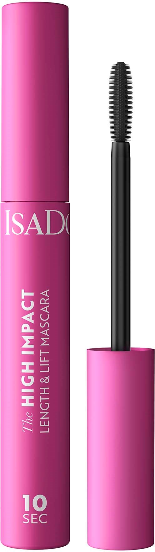 Pink mascara tube and wand with black bristles and pink cap.
