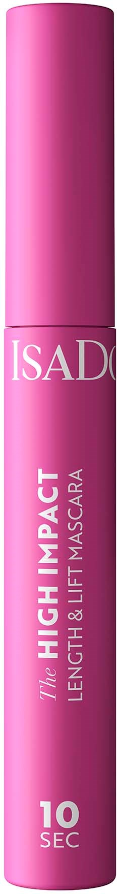 Pink mascara tube labeled 'The High Impact Length & Lift Mascara' with '10 sec' written on it.