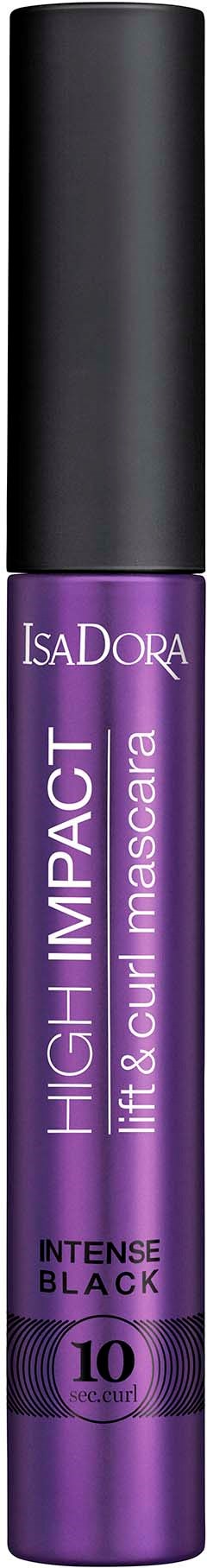 Lila mascara-rör med svart lock, märkt 'IsaDora Impact Lift & Curl Mascara, Intense Black, 10'.