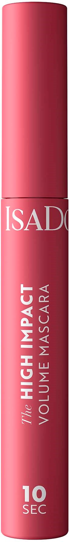 Rosa Mascara-Röhre mit weißen und silbernen Text, beschriftet "The High Impact Volume Mascara 10 Sec".