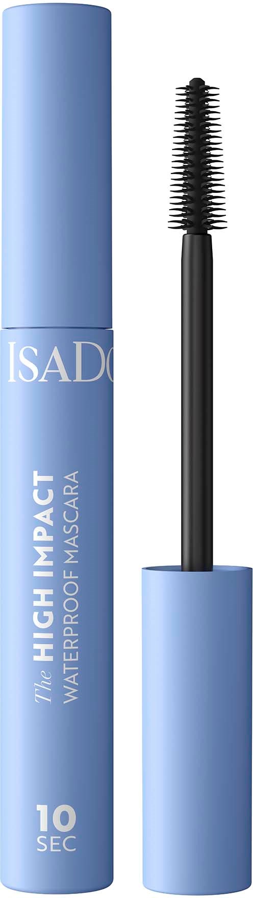 Niebieska tusz do rzęs z szczoteczką. Tekst mówi 'ISAD' i 'High Impact Waterproof Mascara'.