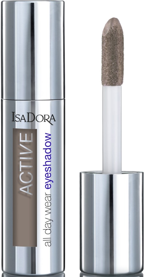 En silver läppstiftspenna med en applikator som har ljusbrun ögonskugga på sig.