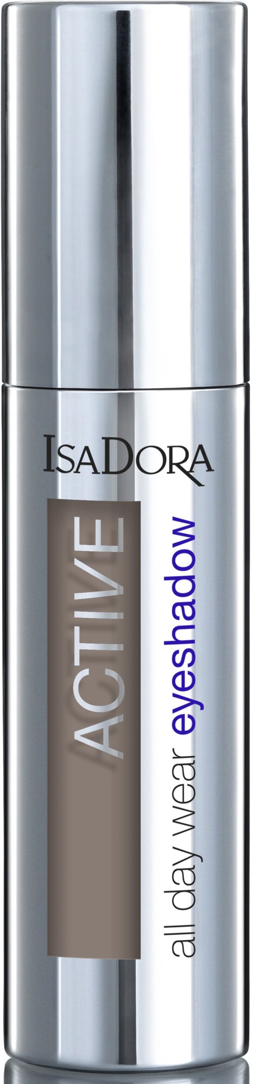 En silverrör med purple och svart text som marknadsför IsaDora Active All Day Wear Eyeshadow.