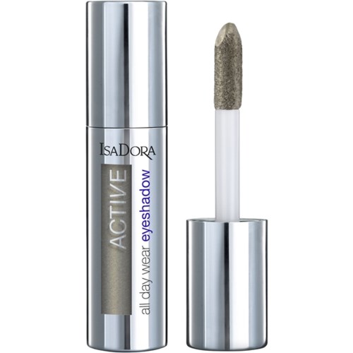 Tydlig tub med borstuklämmare, märkt 'IsaDora ACTIVE all day wear eyeshadow'.