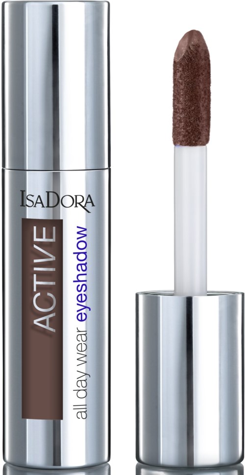 En silver tub med IsaDoraActive All Day Wear Eyeshadow med penseln ut, visar brunt ögonskugga.