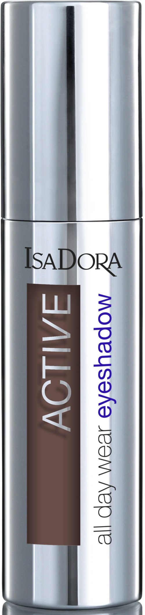 En glänsande silver behållare med IsaDora Active All Day Wear Eyeshadow visar produktnamn och beskrivning.