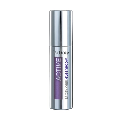 En liten lila och silver ögonskuggflaska med en silverkapsel. Etiketten säger 'ACTIVE' och 'all day wear eyeshadow.'