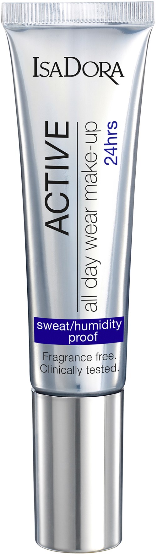 En tub med IsaDora Active Wear Makeup med 24-timmars, svett- och fuktighetssäker skydd, parfymfritt och kliniskt testat.