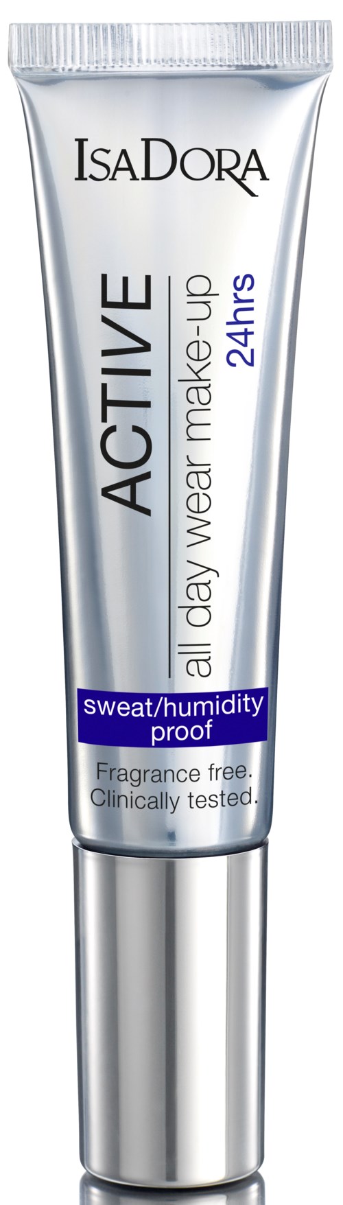 En tub med IsaDora ACTIVE makeup grund, avsedd för hela dagen, svett- och fuktskyddad, parfymfri och kliniskt testad.