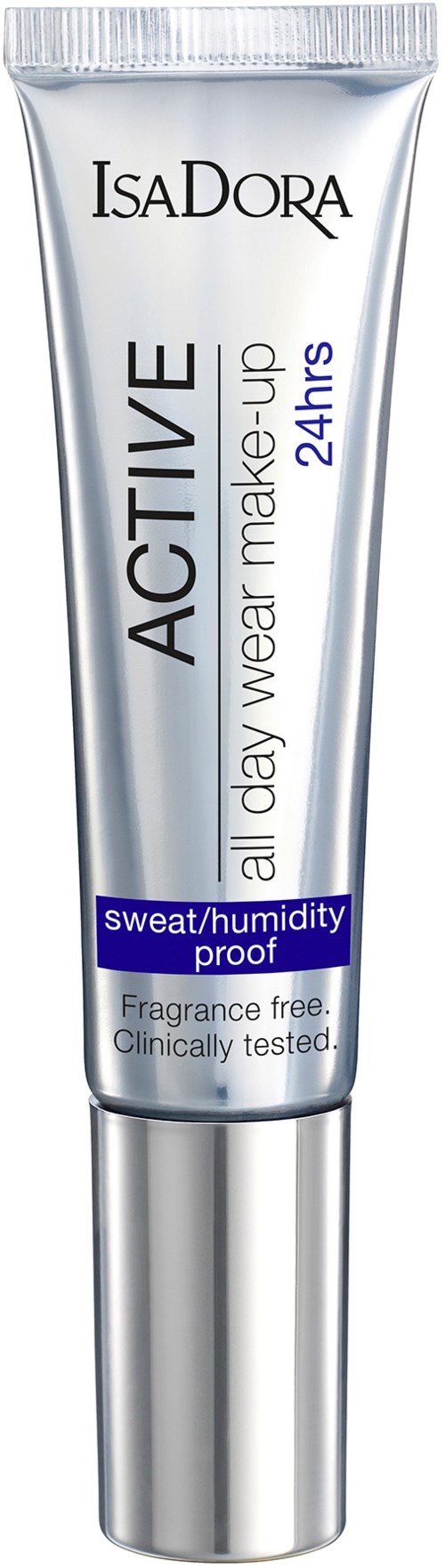 Isadora Active make-up primer för 24 timmar, svett- och fuktsäker, parfymfri, testad, med silverrörsdesign.