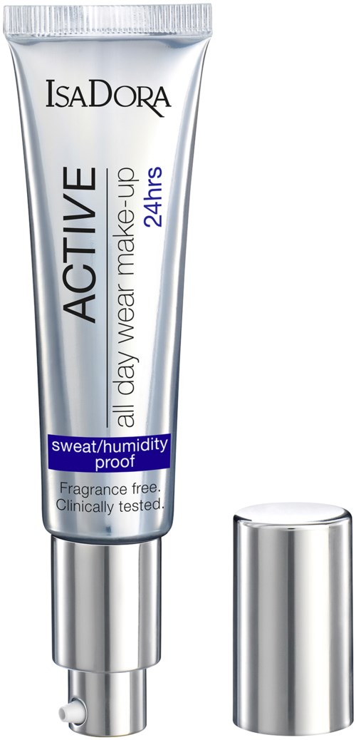 En silverfärgad tub med IsaDora active 24-timmars makeupbas och silverlock, för svett- och fukttålig användning.