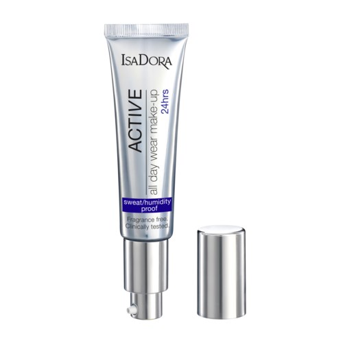 En silverfärgad tub med IsaDora Active efter-sol-lotion och ett lock bredvid, avsett för hudskydd och återfuktning.