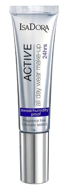 En silverrör med IsaDora Active all-day wear smink med SPF 24, fri for parfym och svettbeständig.