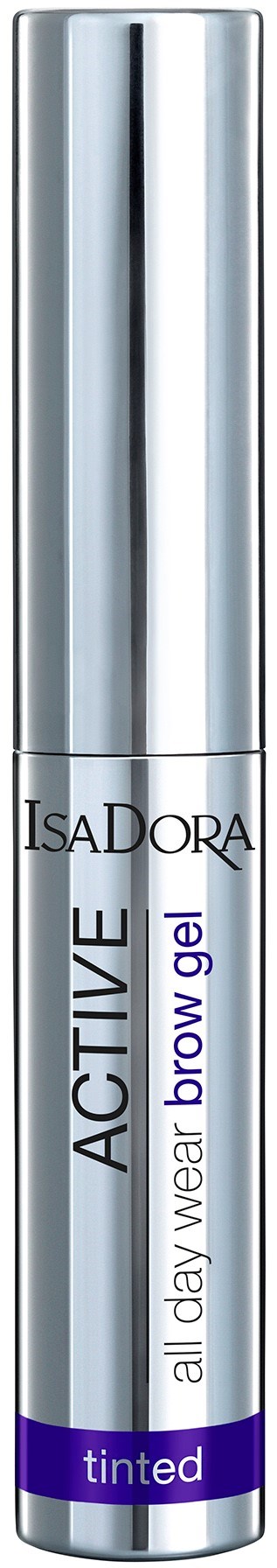 Ett silverrör med svart och lila text, märkt som ett tonat bryngele av IsaDora. Det är elegant och glansigt.
