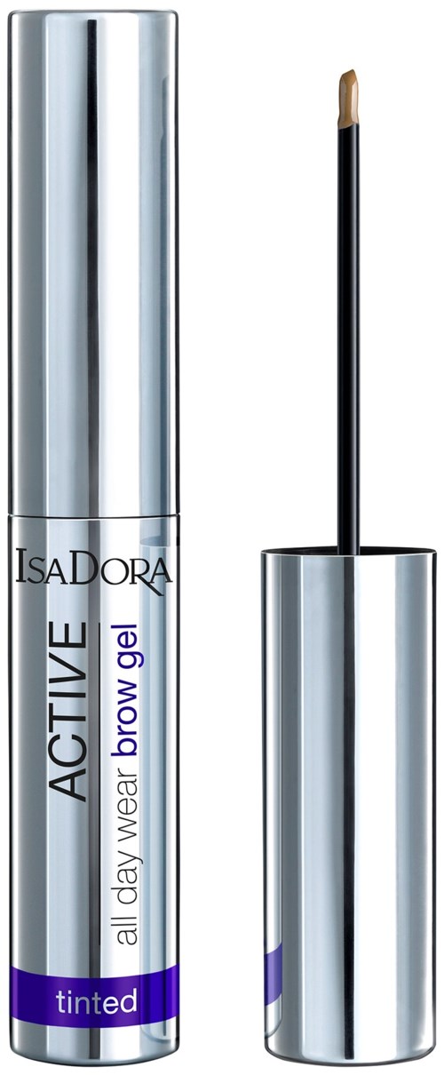 En silverrör av IsaDORA bryngel med applicator, märkt 'ACTIVE all day wear brow gel tinted'.