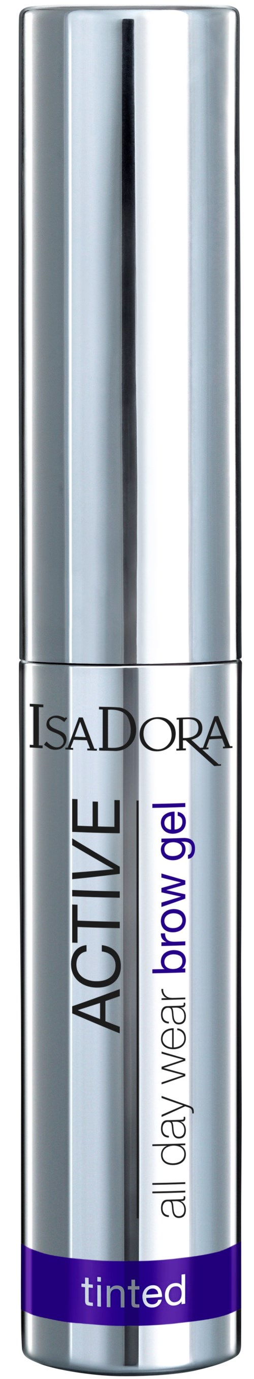 Ett silverfärgat och lila rör med texten 'ISADORA ACTIVE' och 'call day wear brow gel tinted' för ögonbryn.