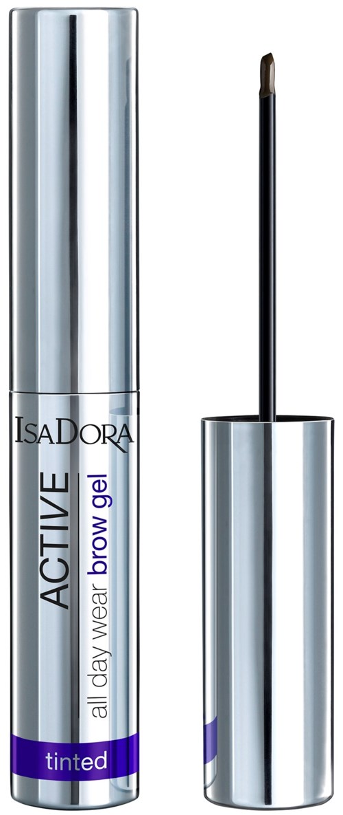 En silverrör med borstlock, märkt 'active all day wear brow gel tinted' av IsaDora.