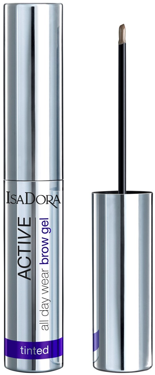 En silver tub av IsaDora bryn gel med en applikator. Text på tuben säger 'ACTIVE all day wear brow gel tinted'.
