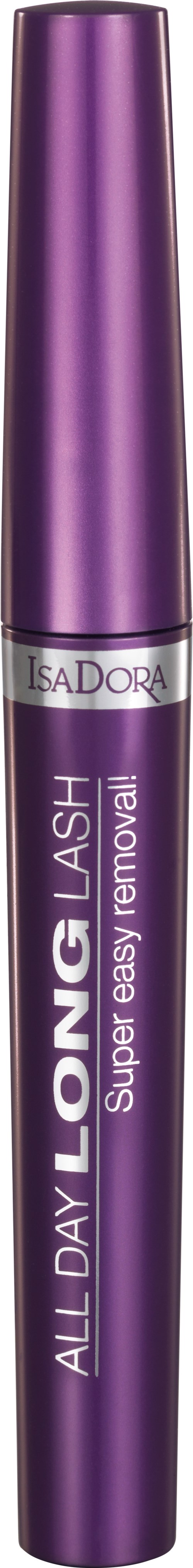 En lila mascara-flaska i tubeform med silver- och vita detaljer, märkt "All Day Long Lash."