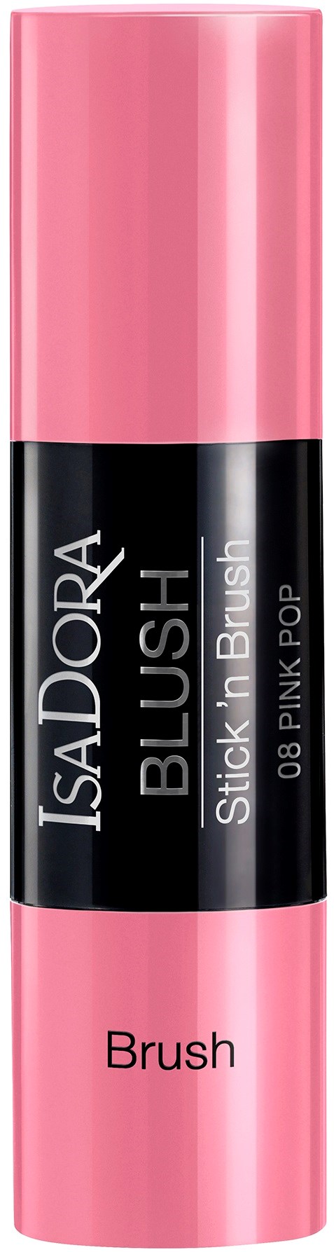 Rosa leppestiftpenn med svart etikett som leser 'IsaDora Bliss Stick i Rubbish 08 Pink Pop' og 'Brush' skrevet nederst.